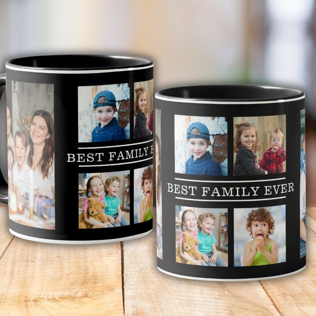 Modern Best Family Ever 6 Photo Collage Black Mug (Creator Uploaded)