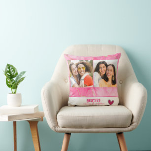 Modern Best Friend Pink and Gold Photo Collage Throw Pillow