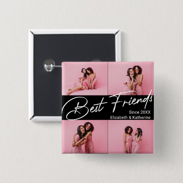 Modern Best Friends 4 Photo Collage Gift Button (Front & Back)