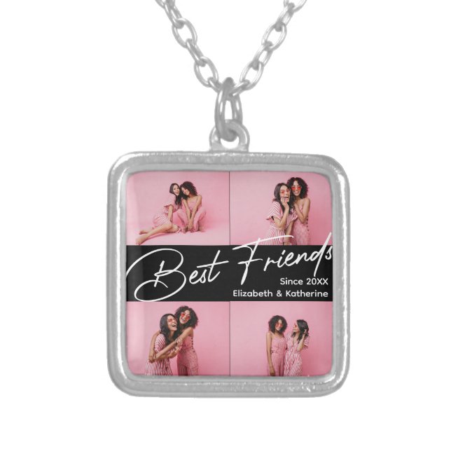 Modern Best Friends 4 Photo Collage Gift Silver Plated Necklace (Front)