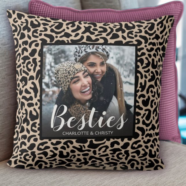 Modern Best Friends Besties Leopard Print Photo Throw Pillow (A cute besties pillow with a leopard print background. Personalize it with your photo and names.)