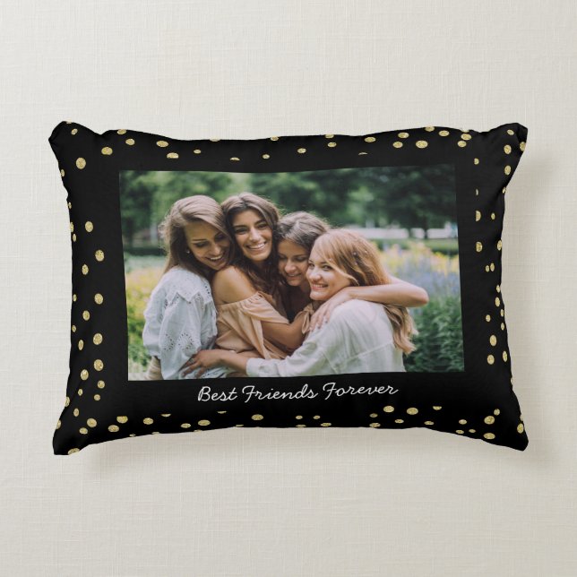 Modern Best Friends BFF Besties Photo Black Gold Accent Pillow (Front)
