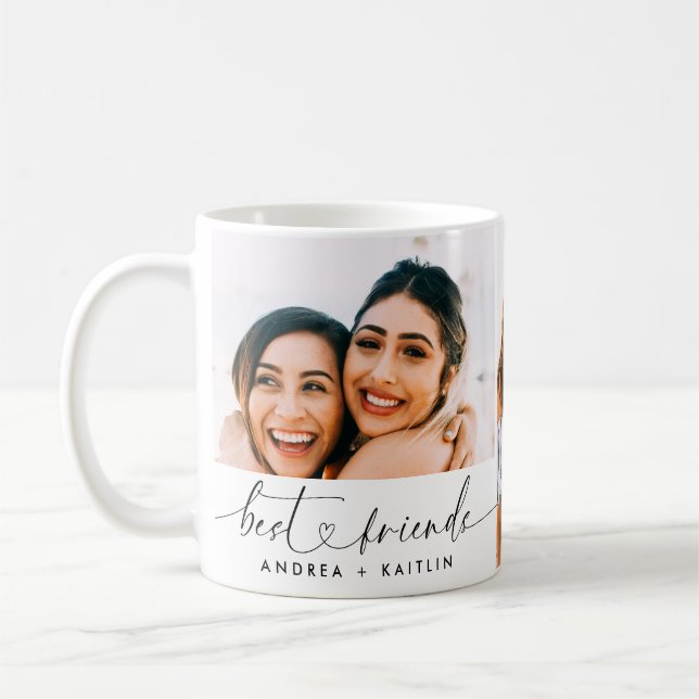 Modern Best Friends BFF Heart Script Three Photo Coffee Mug (Left)