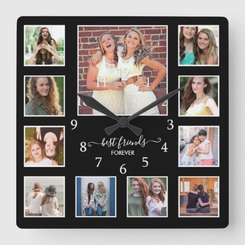 Modern Best Friends Forever 11 Photo Collage Black Square Wall Clock