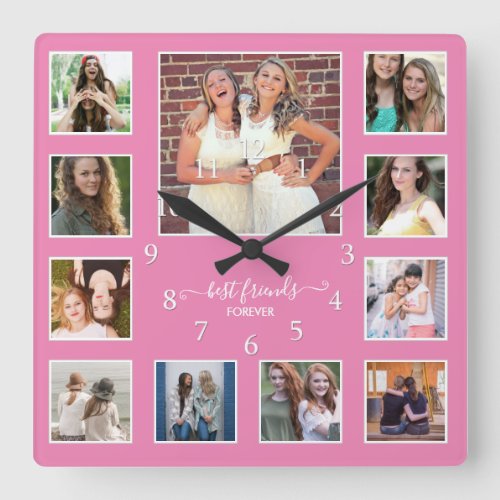 Modern Best Friends Forever 11 Photo Collage Pink Square Wall Clock