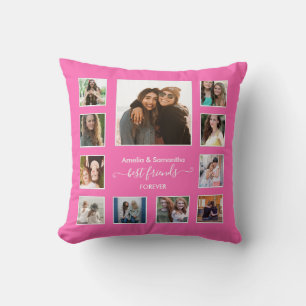 Modern Best Friends Forever 11 Photo Collage  Pink Throw Pillow