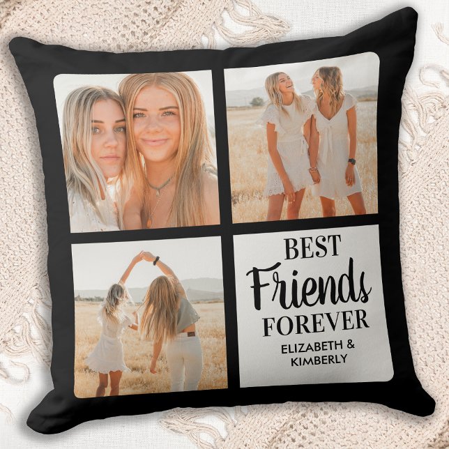 Modern Best Friends Forever 3 Photo Collage Black Throw Pillow (Creator Uploaded)