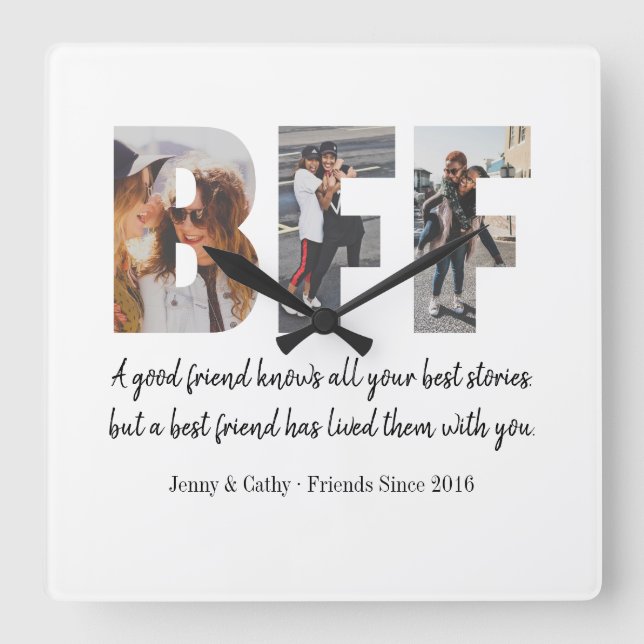 Modern Best Friends Forever BFF 3 Photo Collage Square Wall Clock (Front)