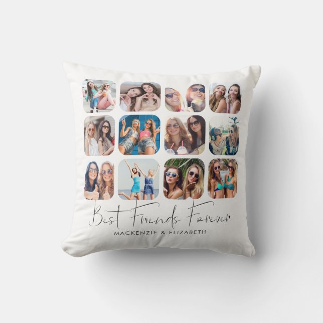 Modern Best Friends Forever Handwritten 12 Photo Throw Pillow (Front)
