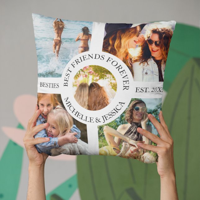 Modern Best Friends Forever Photo Collage | Bestie Throw Pillow (Creator Uploaded)