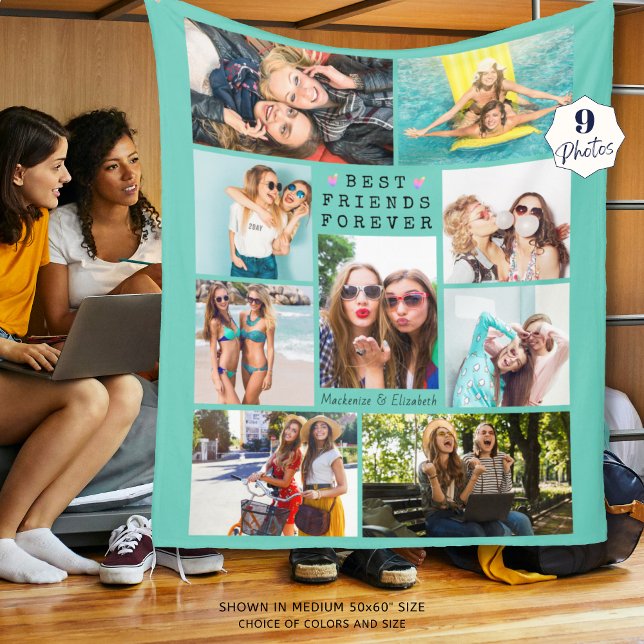 Modern BEST FRIENDS FOREVER Photo Collage Mint Fleece Blanket (Creator Uploaded)
