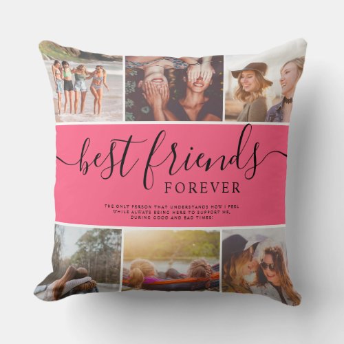 Modern best friends neon pink photo collage grid throw pillow