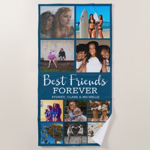 Modern Best Friends Photo Collage Beach Blue Beach Towel