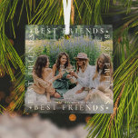 Modern Best Friends Photo & Name/s | Bestie Glass  Glass Ornament<br><div class="desc">Commemorate a friendship with this elegant bestie photo glass ornament. Design features a picture of your choice,  framed with white typography 'BEST FRIENDS' with cute little heart spacers and name/s. Makes the perfect keepsake gift for birthdays,  christmas or just because! All text is easily customized.</div>