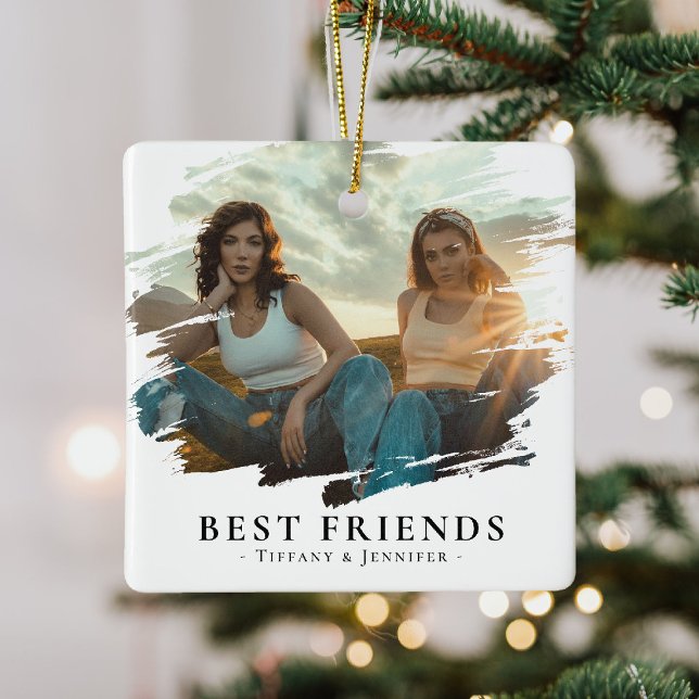 Modern Best Friends Photo & Name/s Christmas Ceramic Ornament (Creator Uploaded)