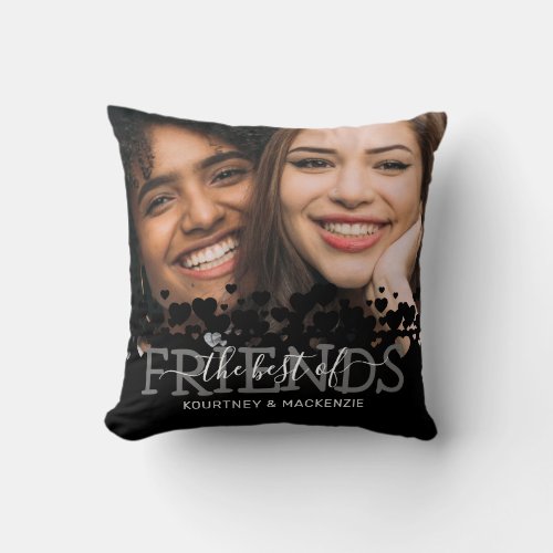 Modern Best Friends Photo Throw Pillow - Modern friendship pillow featuring a photo of you and your bestie, a black heart design, the saying "the best of friends", and your names.