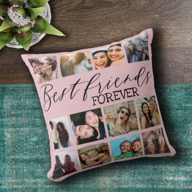 Modern Best Friends Pink Photo Collage  Throw Pillow (Creator Uploaded)