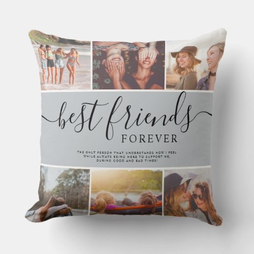 Modern best friends script blue photo collage grid throw pillow