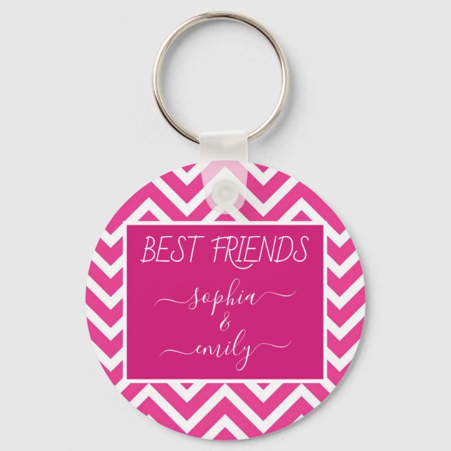 Modern Best Friends Script Name Pink Chevron Keychain (Front)