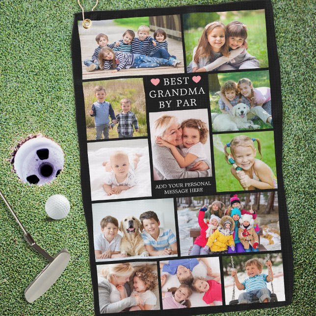 Modern BEST GRANDMA BY PAR 12 Photo Collage Custom Golf Towel (Creator Uploaded)