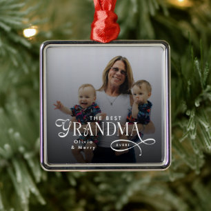 Modern Best Grandma Ever Photo Personalized Metal Ornament