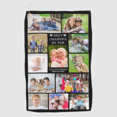Modern BEST GRANDPA BY PAR 12 Photo Collage Custom Golf Towel - Create a unique photo memory golf towel for the golfer Grandpa with a photo collage of 12 of your favorite pictures. TITLE CHANGE:  The editable  funny title BEST GRANDPA BY PAR can be changed and you can add a personal message like HAPPY BIRTHDAY or WITH LOVE, NAMES or HAPPY GRANDPARENTS DAY and is accented with pink hearts against an editable black background. Contact the designer BEFORE ORDERING via Zazzle Chat or makeitaboutyoustore@gmail.com for design modifications or assistance with personalizing or transferring the design to another product.