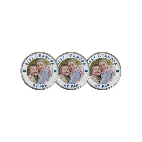 Modern BEST GRANDPA BY PAR Photo Blue Personalized Golf Ball Marker - Create personalized photo golf ball markers for the golfer grandfather with the suggested editable title BEST GRANDPA BY PAR in a changeable blue text color. PHOTO TIP:  Choose a photo with the subject in the middle and/or pre-crop it to a square shape BEFORE uploading and use the CHANGE tab in the PERSONALIZE section. HELP:  For assistance with design modification/personalization or transferring the design to another product, contact the designer BEFORE ORDERING via Zazzle Chat or makeitaboutyoustore@gmail.com.