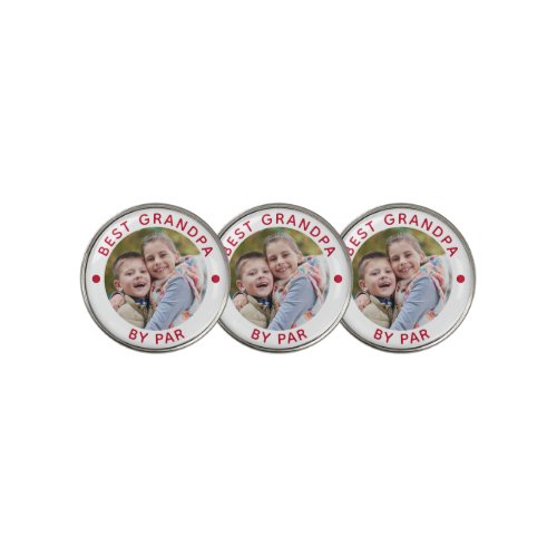 Modern BEST GRANDPA BY PAR Photo Red Personalized Golf Ball Marker - Create personalized photo golf ball markers for the golfer grandfather with the suggested editable title BEST GRANDPA BY PAR in red. PHOTO TIP:  For fastest/best results, choose a photo with the subject in the middle and/or pre-crop it to a square shape BEFORE uploading. Contact the designer via Zazzle Chat or makeitaboutyoustore@gmail.com if you'd like this design modified or on another product.