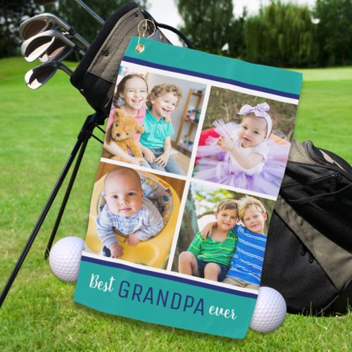 Modern Best Grandpa Ever 4 Photo Collage Teal Golf Towel