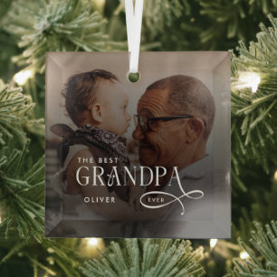 Modern Best GrandPa Ever Photo Personalized Glass Ornament