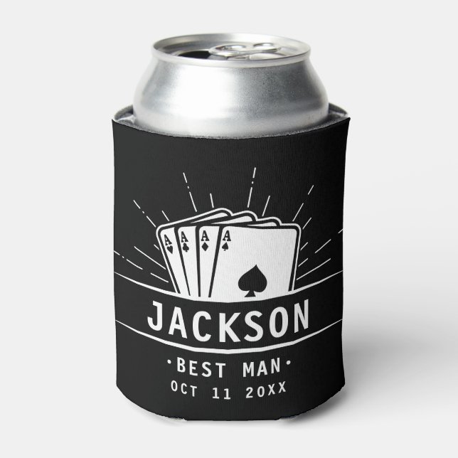 Modern Best Man Bachelor Party Casino Poker Card Can Cooler (Can Front)