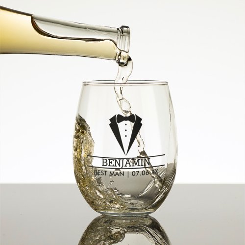 Modern Best Man Custom Name with Tuxedo Stemless Wine Glass