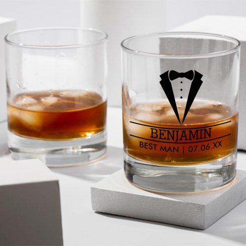 Modern Best Man Custom Name with Tuxedo Whiskey Glass
