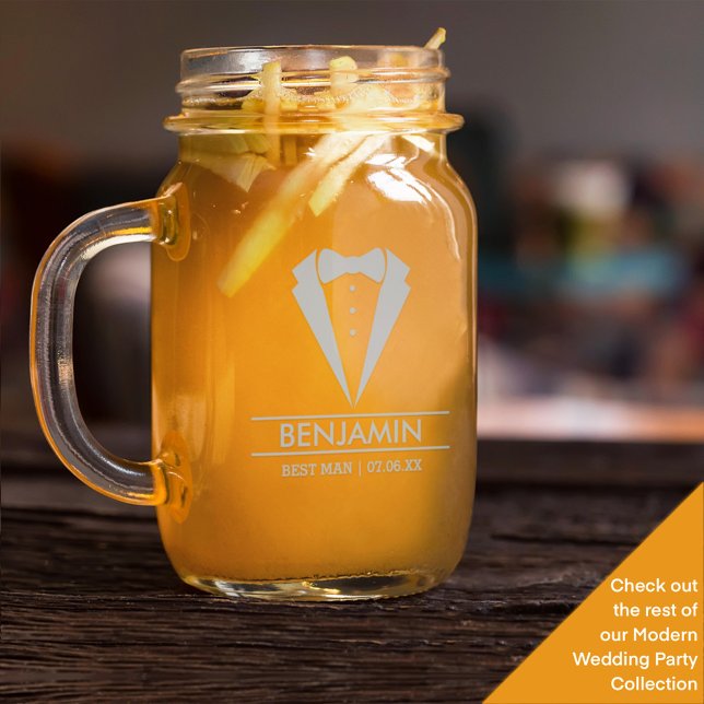 Modern Best Man Tuxedo Custom Name Mason Jar W/ Handle (Creator Uploaded)