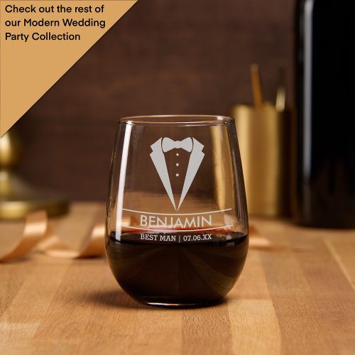 Modern Best Man Tuxedo Custom Name Stemless Wine Glass