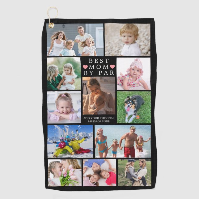 Modern BEST MOM BY PAR Photo Collage Personalized  Golf Towel (Front)
