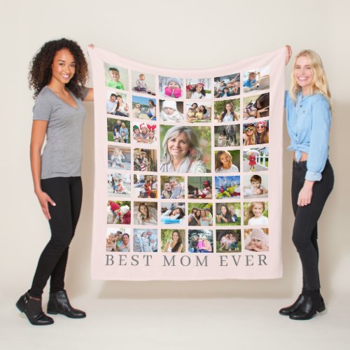 Modern BEST MOM EVER 39 Photo Collage Pink Gray Fleece Blanket