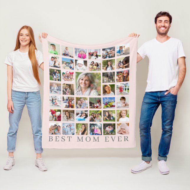 Modern BEST MOM EVER 39 Photo Collage Pink Gray Fleece Blanket (In Situ)