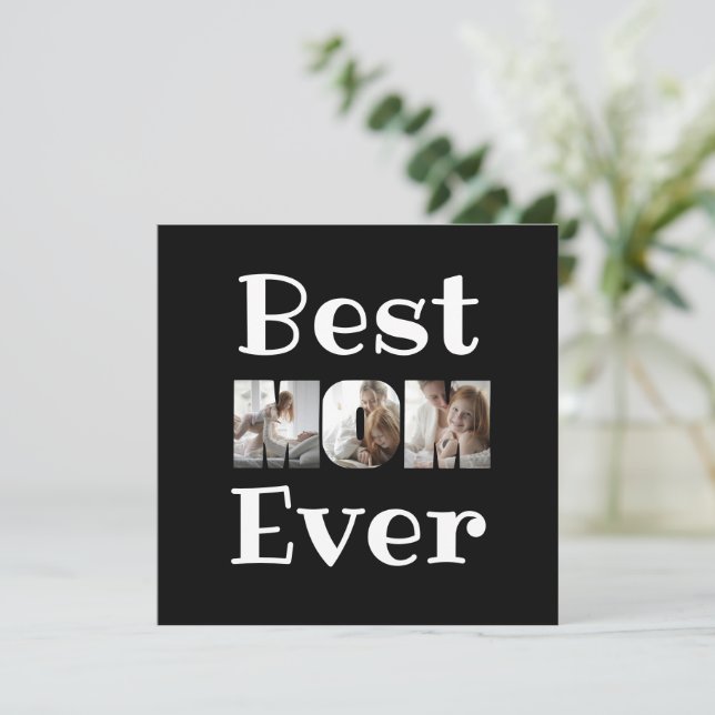 Modern Best Mom Ever 3 Photos Collage Black Holiday Card (Standing Front)