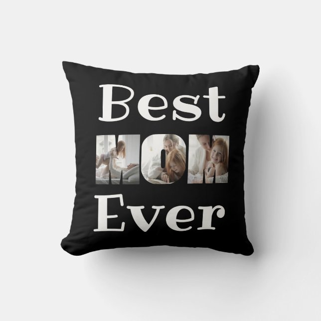 Modern Best Mom Ever 3 Photos Collage Black Throw Pillow (Front)
