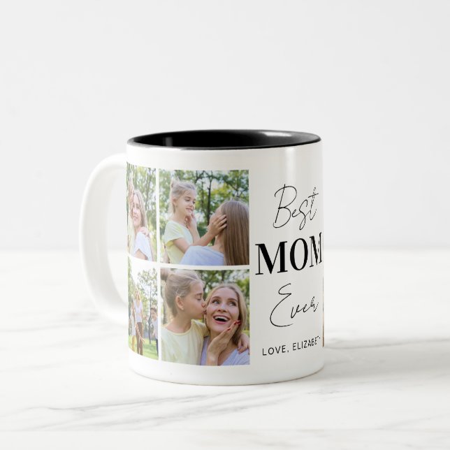 Modern Best Mom Ever 8 Photo Collage Personalized Two-Tone Coffee Mug (Front Left)