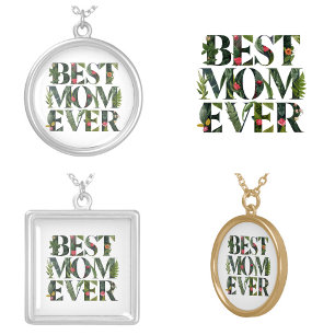 Modern Best Mom Ever Cute Flowers And Green Plants Silver Plated Necklace