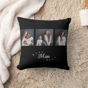 Modern Best Mom Ever Elegant Script Black 3 Photo Throw Pillow