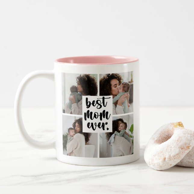 Modern Best Mom Ever Heart Photo | Dark Pink Two-Tone Coffee Mug (With Donut)