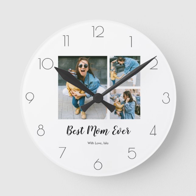 Modern Best Mom Ever Photo Collage Gift For Mom Round Clock (Front)