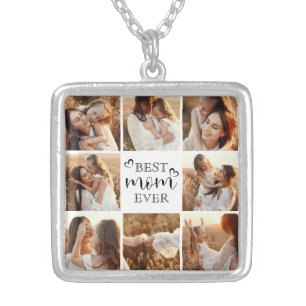 Modern Best Mom Ever Photo Collage Keepsake Silver Plated Necklace