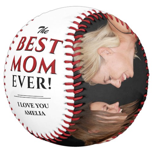 Modern Best Mom Ever Photo Collage Mother`s Day Softball - Modern Best Mom Ever Photo Collage Mother`s Day Softball. This modern custom and personalized baseball is a perfect gift for a mom. The best mom ever two photo template softball. Personalize it with two photos and names. The text is a trendy black and red typography. You can change any text on the softball or erase it.