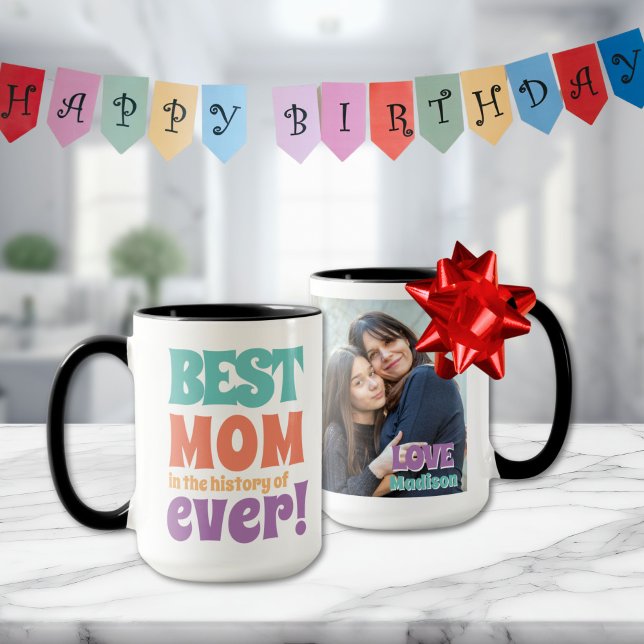 Modern Best Mom Photo Kids Name Custom Gift Mug (best mom ever mug with photo and kids signature with fun colorful modern typography for Mother's Day)