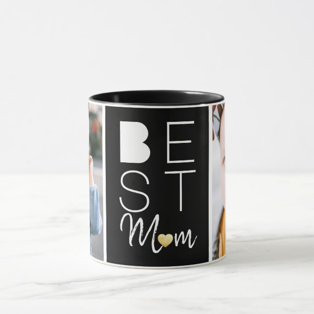 Modern Best Mom Two Photo Black Mug (Center)