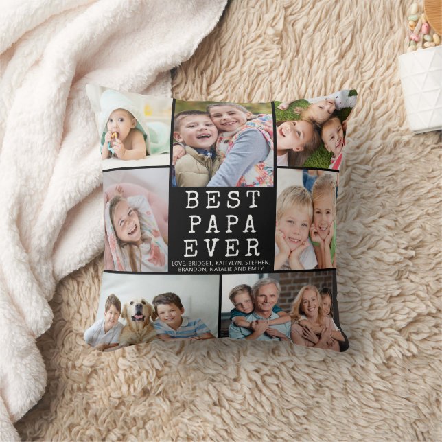 Modern BEST PAPA EVER 7 Photo Collage Throw Pillow (Blanket)